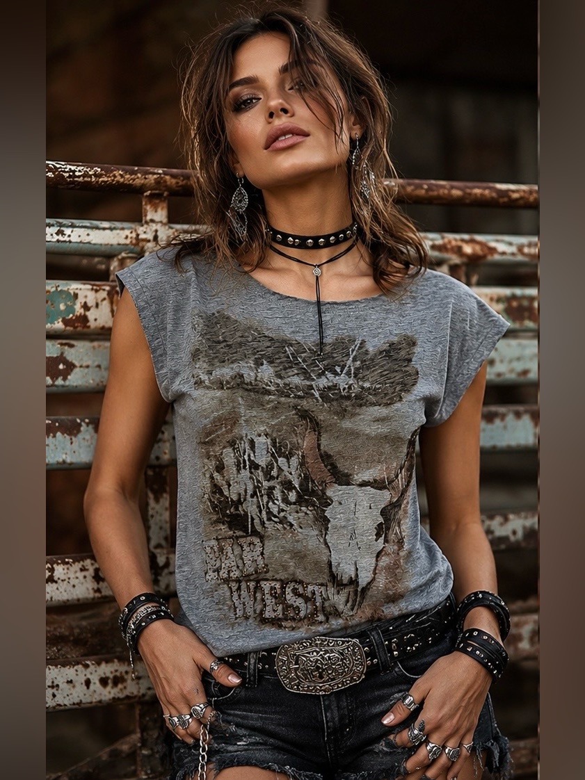 Miss Piu Gray Wild West Graphic Tee | Edgy Western Boho Studded Top Far West